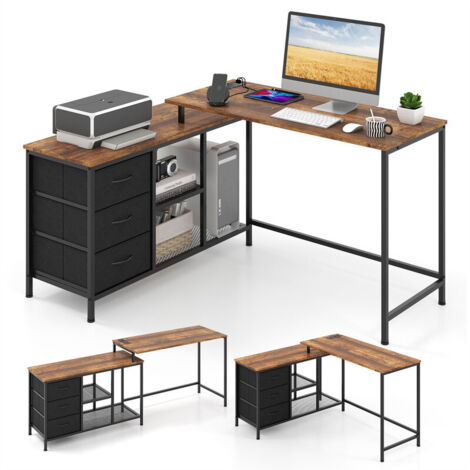 L-Shaped Computer Desk with Drawers, Shelves & Charging Station Home Office Corner Desk