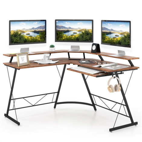L-Shaped Computer Desk with Power Outlet and Monitor Stand Home Office Corner Workstation