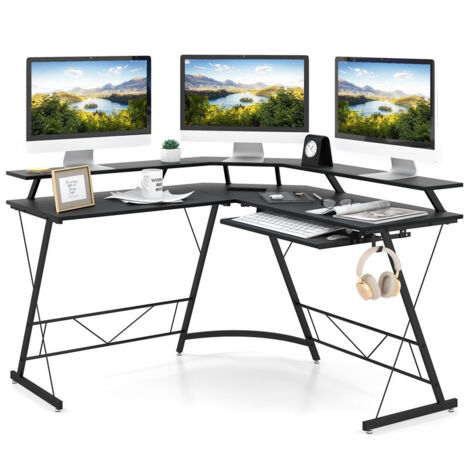 L-Shaped Computer Desk with Power Outlet and Monitor Stand Home Office Corner Workstation