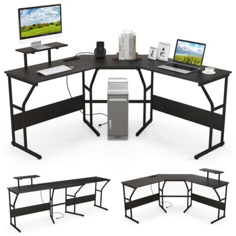 L-shaped Corner Computer Desk w/ Movable Monitor Stand for Working & Writing & Gaming
