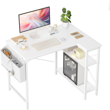 L-Shaped Corner Desk, Reversible Gaming Computer Desk with Storage Shelves, Small Writing Workstation Bookshelf for Home Office & Study