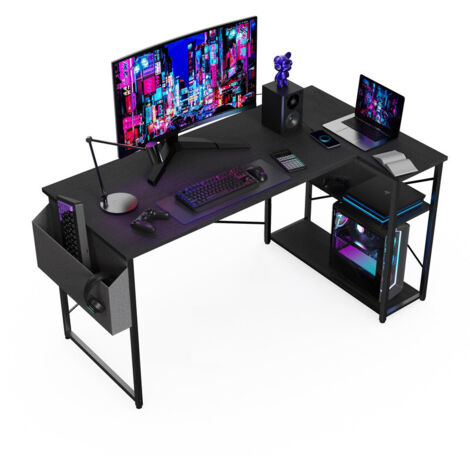 L-Shaped Corner Desk, Reversible Gaming Computer Desk with Storage Shelves, Small Writing Workstation Bookshelf for Home Office & Study
