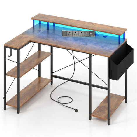 L-Shaped Gaming Desk 120cm, LED Lights & Power Outlets, Computer Desk for Home Office/Gaming Setup