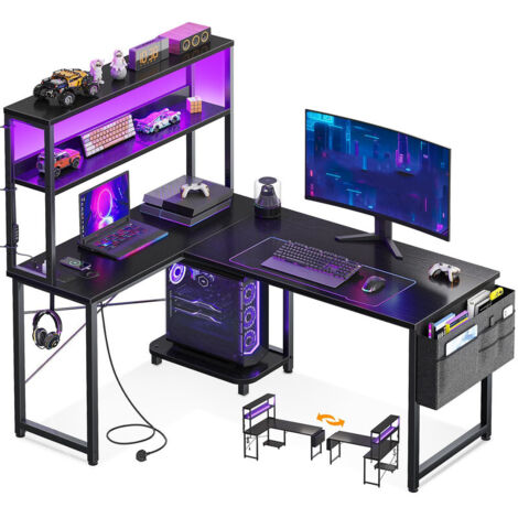L-Shaped Gaming Desk with LED Lights and Power Outlet Reversible Corner Computer Desk with Storage Shelves, Storage Bag and Hook for Home Office