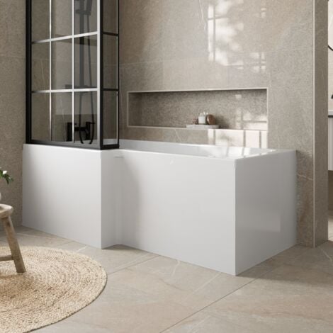 L Shaped Shower Bath Front Side Panel Modern Bathroom White Gloss MDF 1700mm