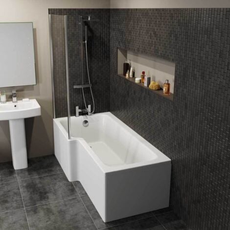 L Shaped Shower Bath Left Hand Glass Shower Screen Acrylic 1700mm - White