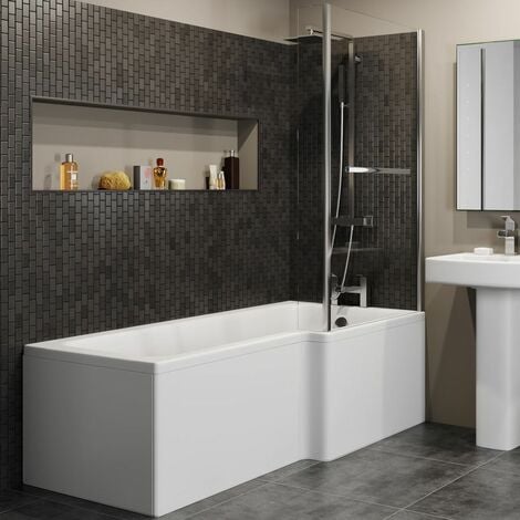 L Shaped Shower Bath Right Hand Bathtub 1700mm Screen & Rail Front Panel Acrylic - White