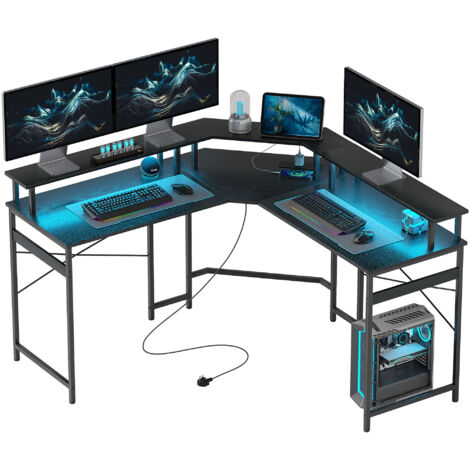'L' Shaped Work Desk, with LED Lights - Black