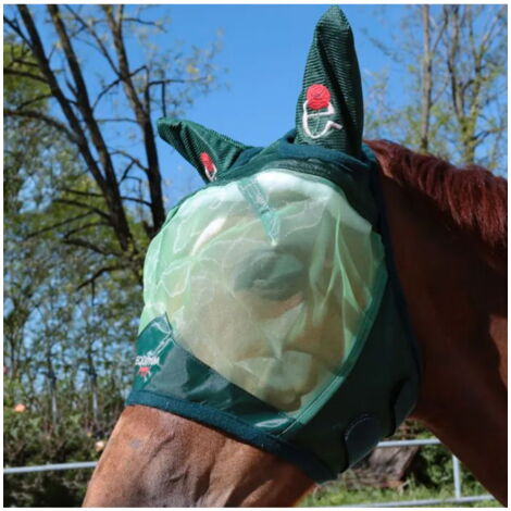 L, Verde: Maschera antimosche per cavalli modello Poppy con logo papavero