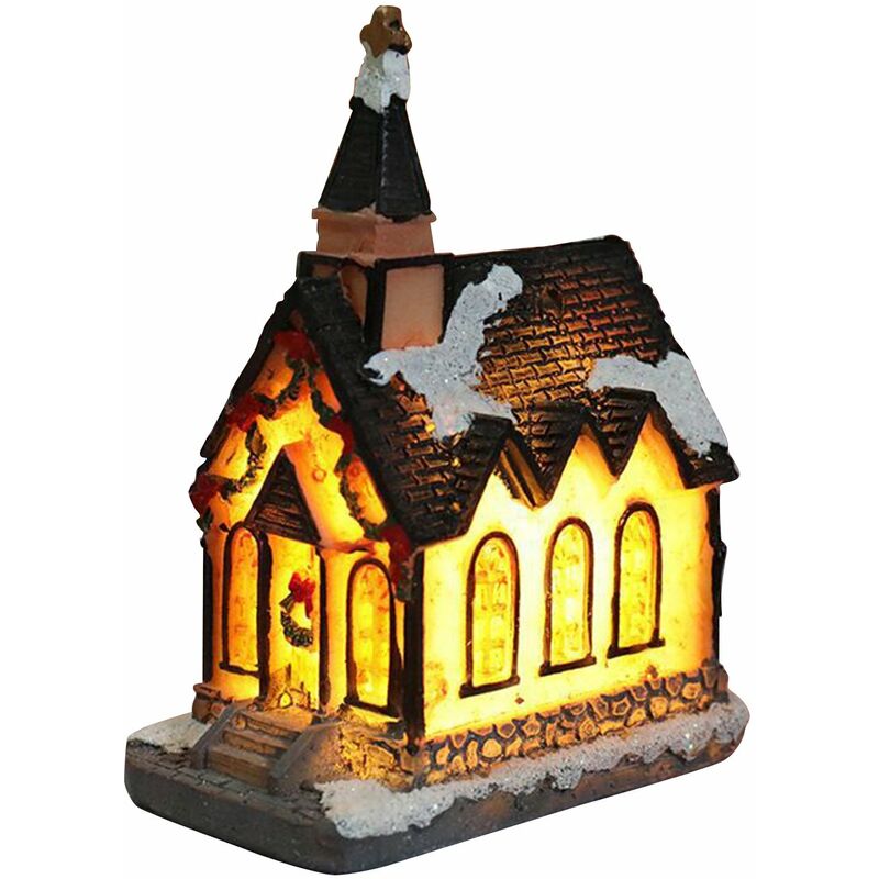 

La escena navidena alberga una casa de construccion con luces LED calidas, funciona con baterias, regalo de Navidad Ornamnet,B