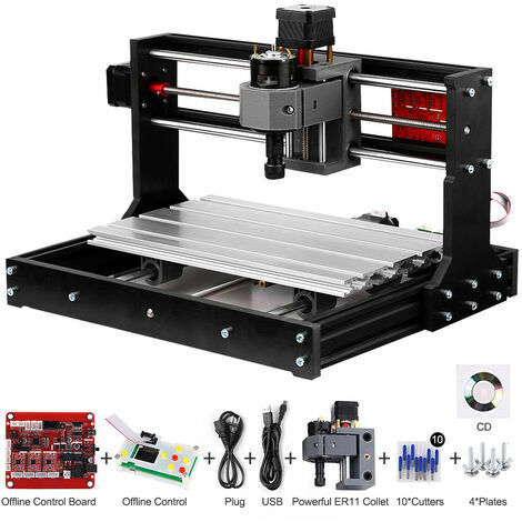 La machine de gravure laser CNC 3018 Pro prend en charge la gravure de controle hors ligne, metal nu standard + mandrin moteur ER11, petit standard americain + petit adaptateur standard europeen