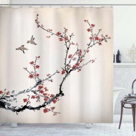 La Nature Rideau de Douche, Oiseaux de Style Art, Tissu Ensemble de Décor de Salle de Bain avec Crochets, 180 cm x 180 cm, Noir Bourgogne