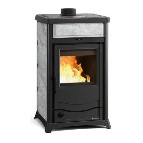 La Nordica – Thermo poêle à bois raccordable 11.1 kW – Volume de chauffe 318 m³ – Rendement 88 % – Évacuation fumées 130 mm – Pierre