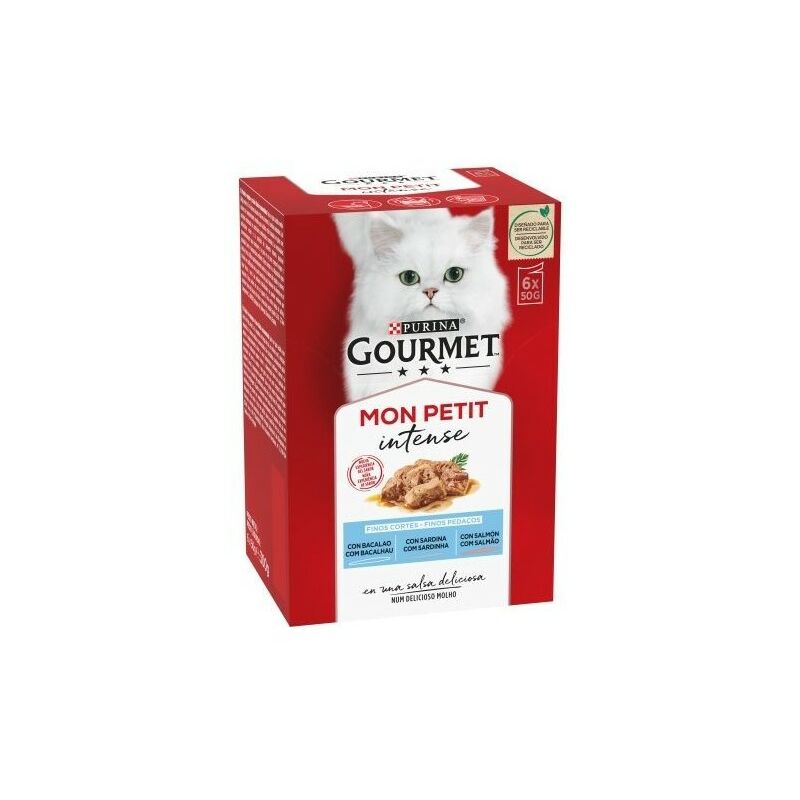 La nourriture pour chats, la MORUE, les SARDINES ET le SAUMON, MON PETIT GOURMET de la PURINE-6 x 50 gr