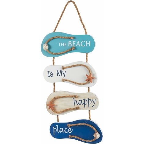 La playa es mi lugar feliz, cartel de pared con chanclas con temática náutica, adorno colgante para el hogar, decoración de baño
