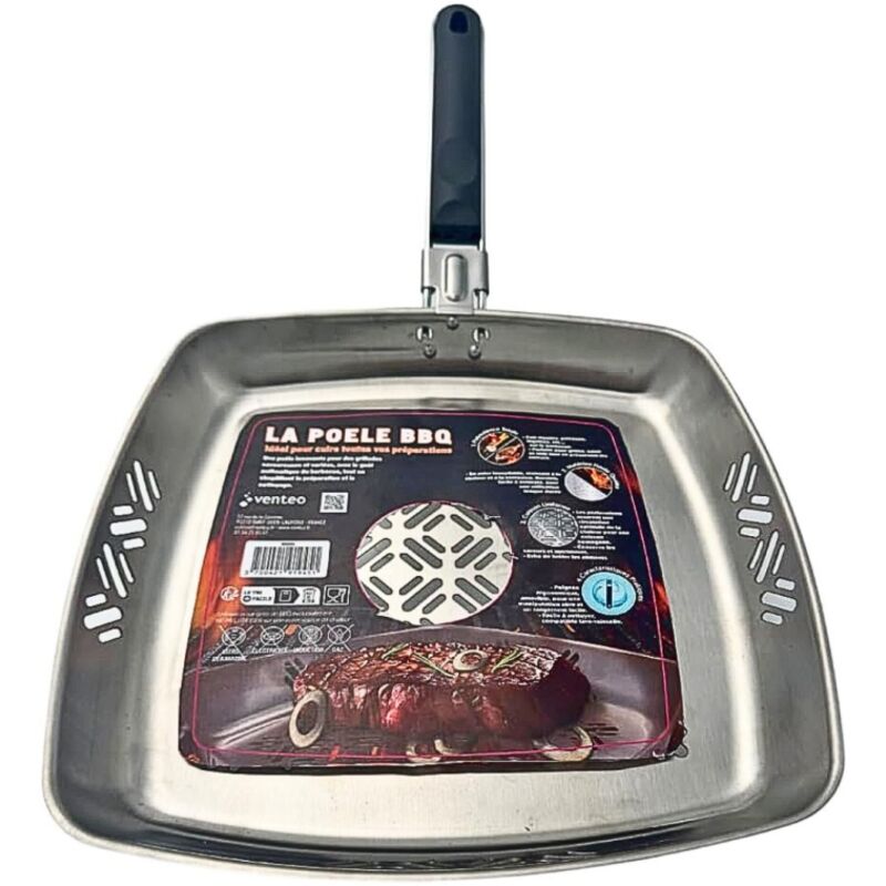 Venteo – Poêle barbecue inox avec poignée amovible – Grille en acier inoxydable – Cuisson homogène pour viandes, légumes, poissons – Facile à nettoyer