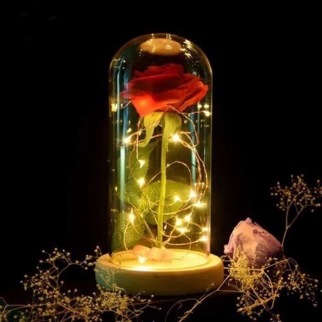 La rose eternelle et lumière led,Rose Eternelle sous Cloche,Cadeaux de vacances,Cloche et Rose Fleur Artificielle,Guirlande Lumineu