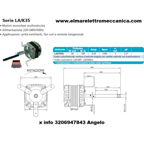 LA01007 Motore Elettrico 100 W 7 velocità fan coil Tangenziale