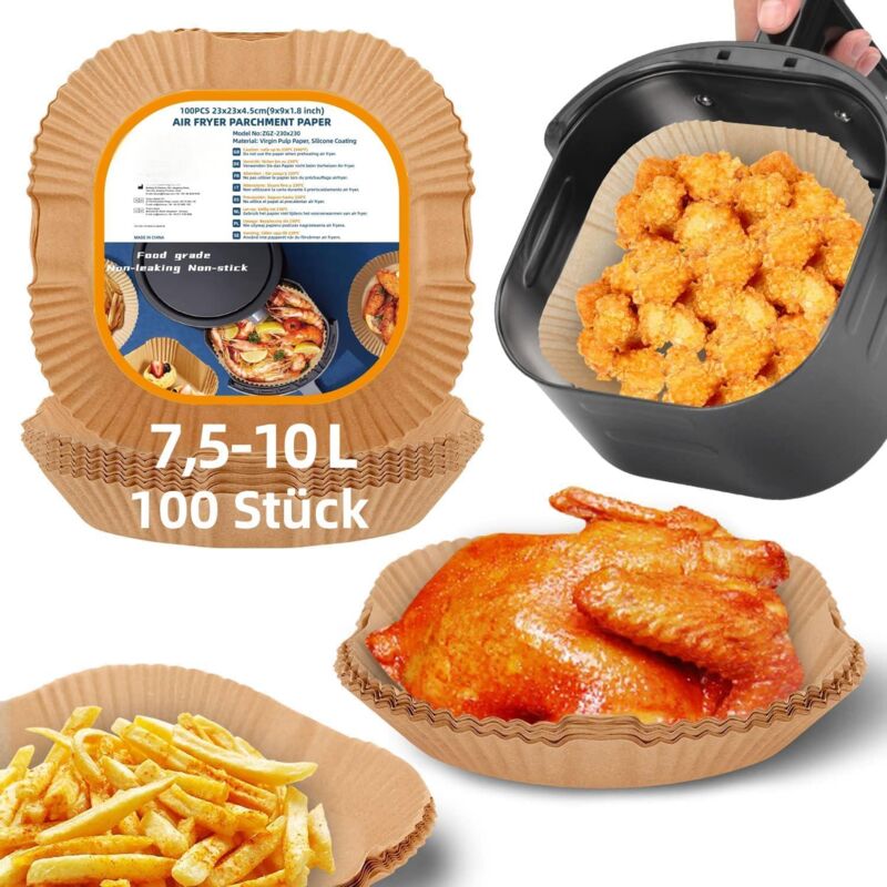 Lablanc - 100 Pièces Papier de cuisson Airfryer 23 x 23 cm, papier carré plus épais pour friteuse à air chaud, 7,5-10 l, papier sulfurisé, compatible