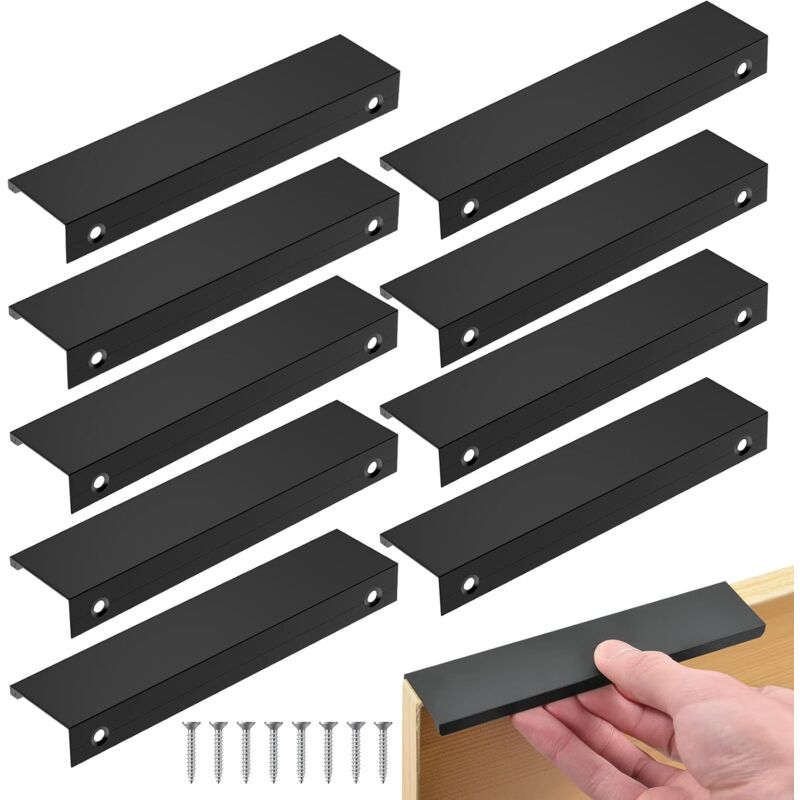 10PCS Invisible Poignee de Meuble, poignet de porte cuisine en Aluminium, Noir pour Tiroirs Armoires Placard (Entraxe 160mm/ Long 200mm) - Lablanc