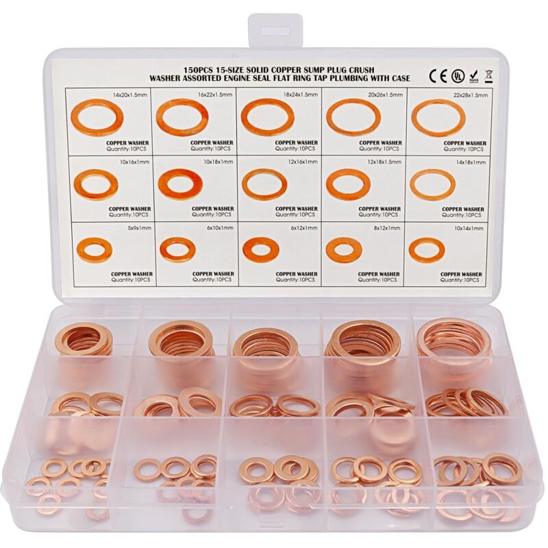150pcs Rondelle Cuivre Joint Vidange Assortiment Kit M5, M6, M8, M10, M12, M14,M16,M18,M20,M22, 15 Tailles,Rondelle Plate pour L'étanchéité des Vis