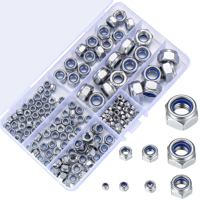 200 Pièces Assortiment de Contre Écrous, Écrou de Blocage Autobloquant en Acier Inoxydable, Écrous Hexagonaux, Inserts Filetés M3 M4 M5 M6 M8 M10