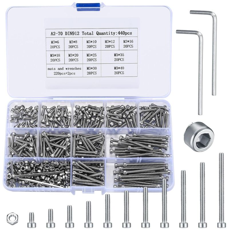 440 Pièces M3 Jeu de Vis et écrous, Vis Boulon et écrous à Tête Hexagonale Acier Inoxydable, Vis Six Pans Creux, Boulons Vis avec écrous Tete