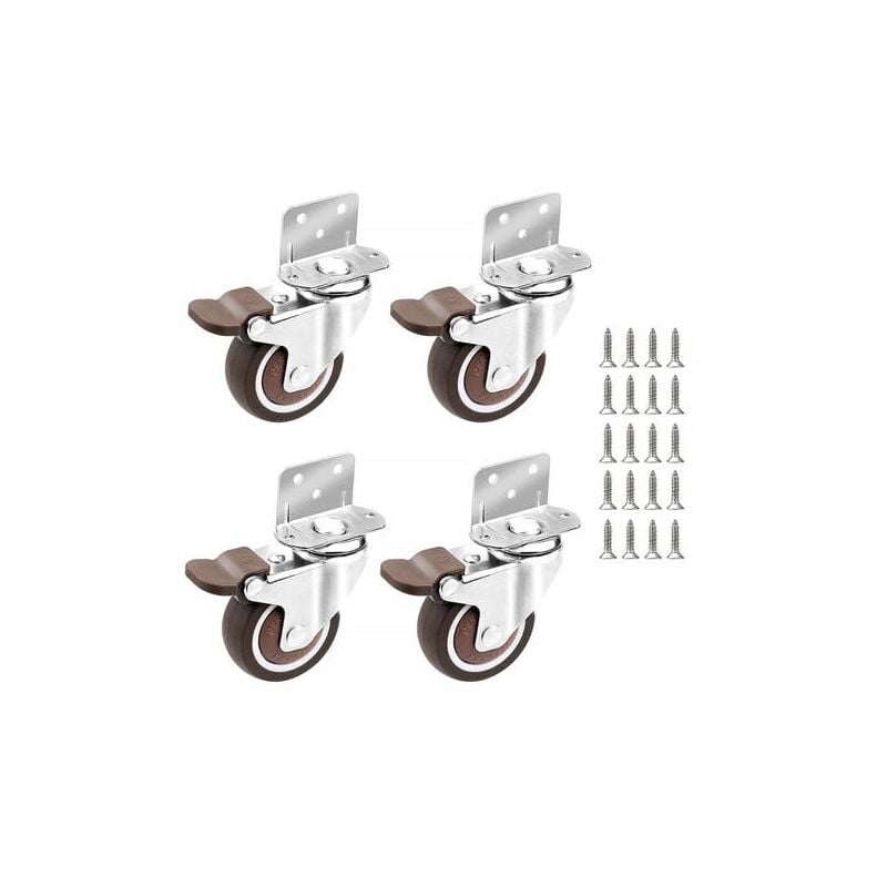 4x Casters, 25mm for Furniture Small Swivel Caster with Brake and Mounting Plate and Screws - Lablanc