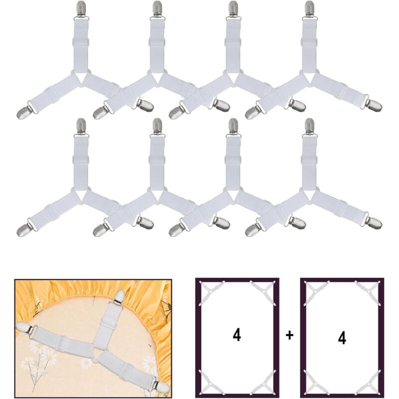 8 Pièces Drap de Lit Attaches, Réglable élastiques Triangle Sangles de Soutient pour Drap-Housse et Drap Plat Draps de Lit, Matelas, Canapé Coussin,