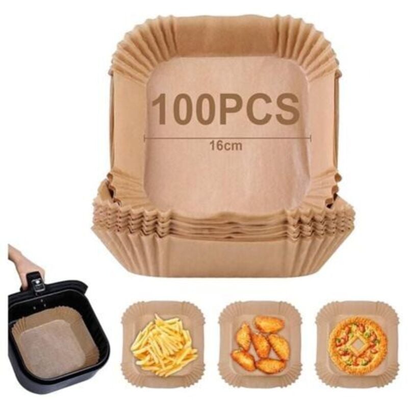 Image of Carta per friggitrice ad aria, 100 pezzi da 16 cm, carta da forno monouso antiaderente senza olio, accessori per friggitrice ad aria da 3-4,5 l