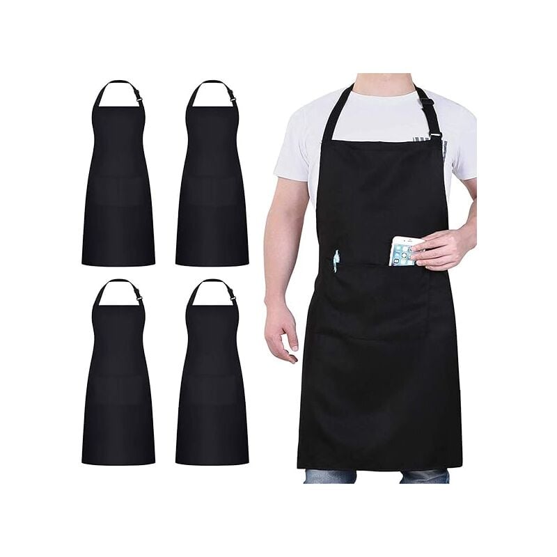 Image of Confezione da 4 grembiuli da cuoco, grembiule nero con 2 tasche, grembiule impermeabile regolabile per uomo e donna, grembiule da cucina