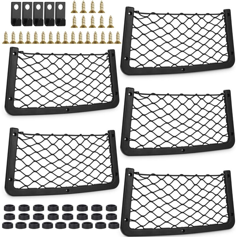 Filet Rangement pour Voiture 5PCS,5 crochets,25 vis et 25 bouchons en plastique,Filet de Rangement de Coffre 3618CM,Volume élevé,Organizer Rangement