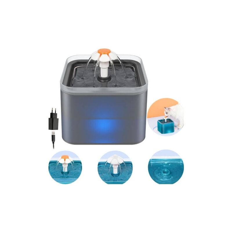 Fontaine à Eau pour Chat Chien 2 l, Distributeur Eau pour Chat Silencieux avec Filtre Remplaçable, Grise - Lablanc