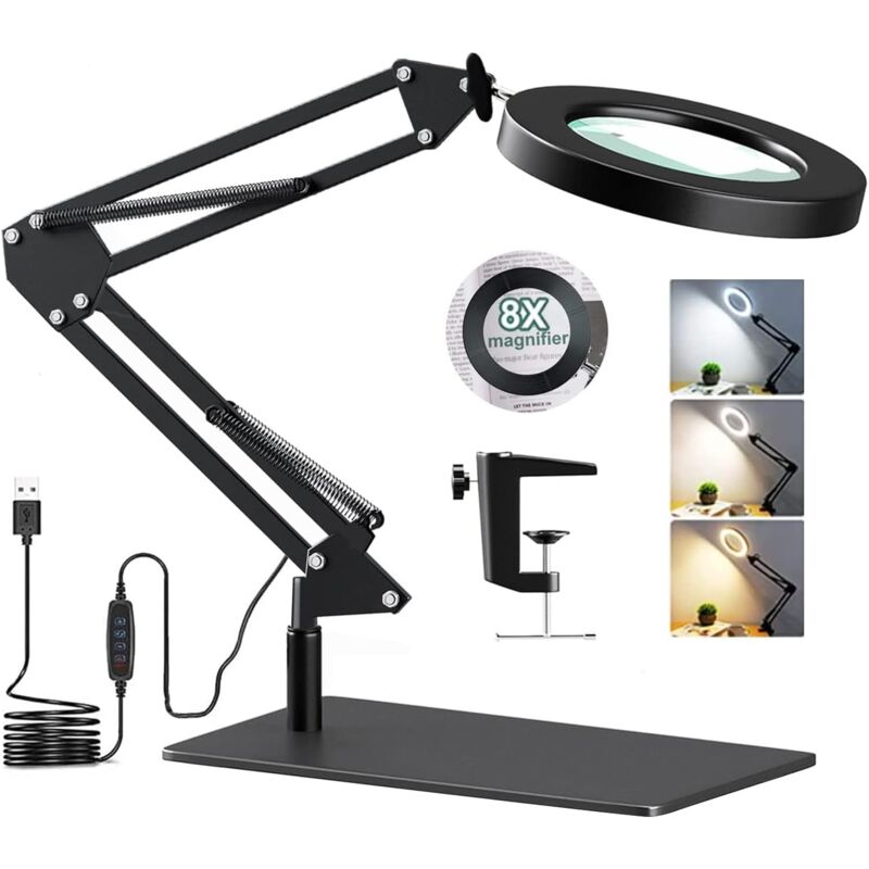Lampe de Bureau avec Loupe 8X et led, Lampe Loupe sur Pied 2-en-1 avec Base et Pince, 3 Modes de Couleur,10 Niveaux de Luminosité,Lampe Bras Pivotant