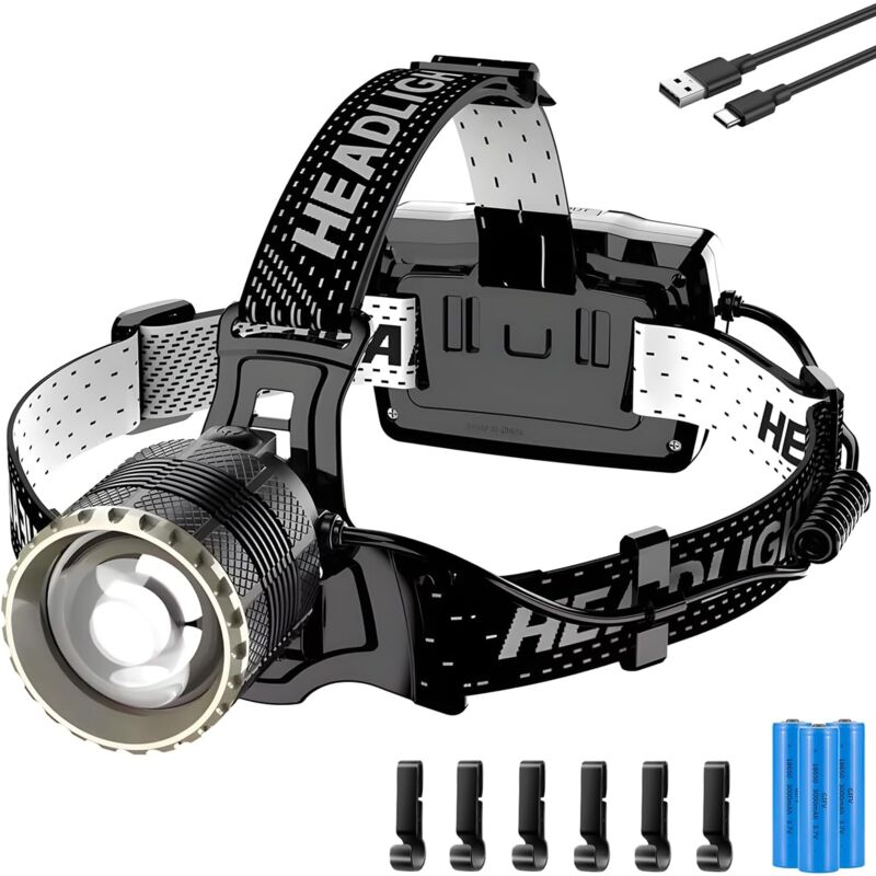 Lampe Frontale led usb-c Rechargeable, Ultra Puissante 90000 Lumens 4 Modes Lampe Frontale avec Capteur, Batterie 9000mAh Zoom IP65 Étanche Angle de