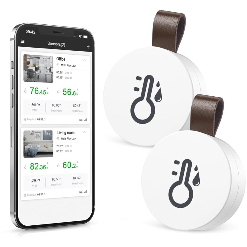 Lot de 2 Thermomètre hygromètre sans fil, thermomètre hygromètre Bluetooth avec application et stockage de données, capteur d'humidité de température