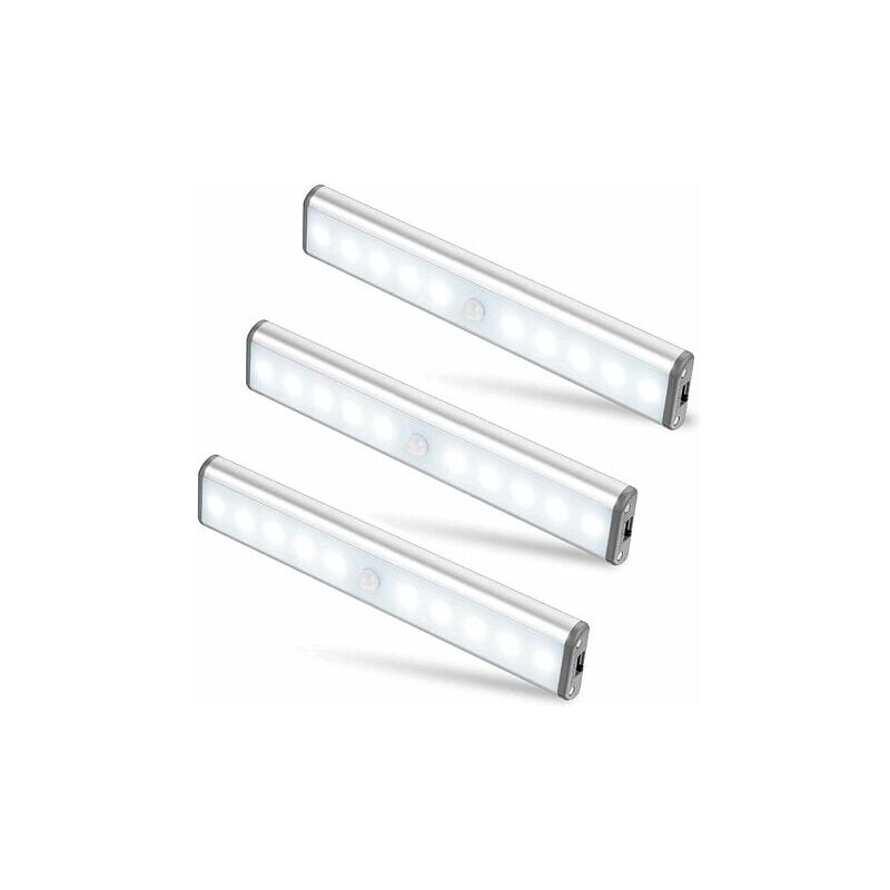 Lot de 3 Lampes 10 led, Sans Fil, Rechargeable par usb, Aimanté, Détecteur de Mouvement, 2 Modes d'Éclairage, Portable. Lumière de Placard, Baladeuse