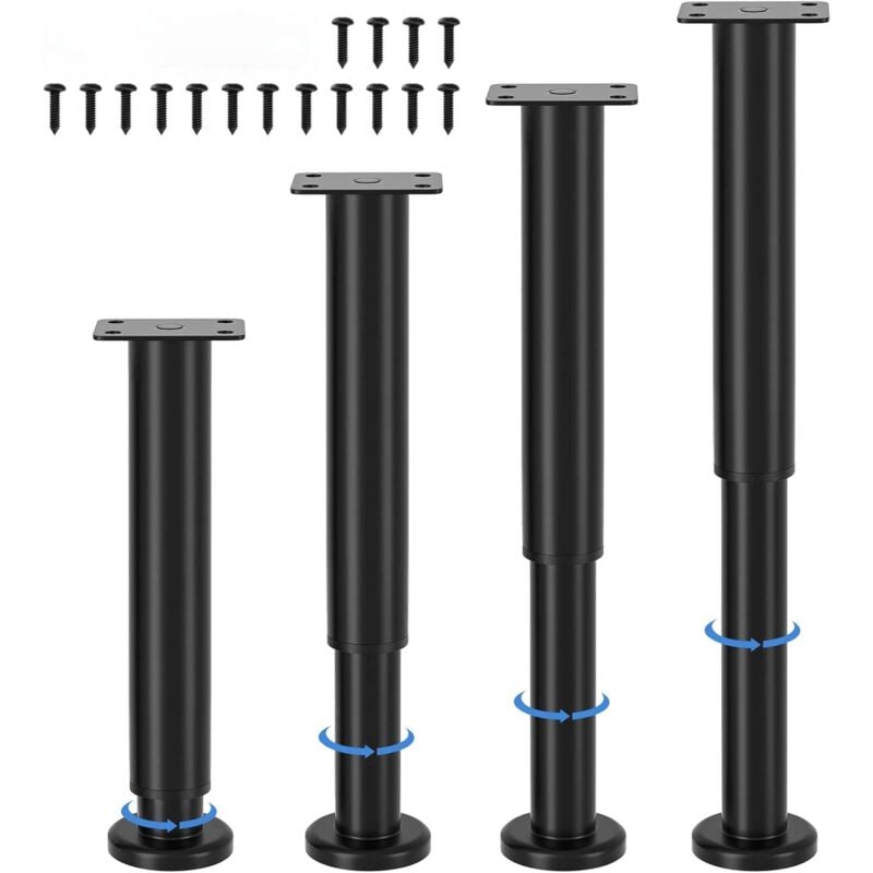 Lot de 4 pieds de meubles réglables,hauteur réglable 25-43 cm, pieds de meubles en métal noir,pieds de meubles pour armoire, meuble TV,canapé,table