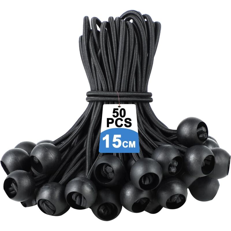 Lot de 50 tendeurs élastiques avec Boule ,Tendeur de bâche, Sandow élastique, Corde élastique,Boucles Extensibles Noires avec Boule en Plastique pour