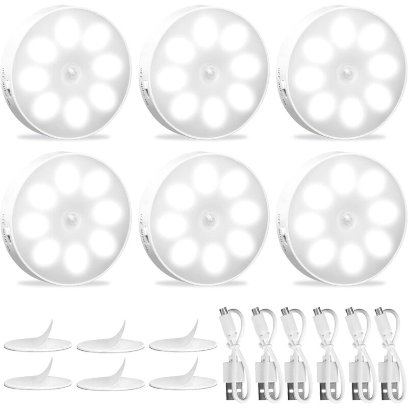 Lot de 6 Lampe led Automatique Rechargeable Par usb, Veilleuse led à Induction 6000K 8 LEDs Blanc Froid, Veilleuse Détecteur de Mouvement Intérieur,
