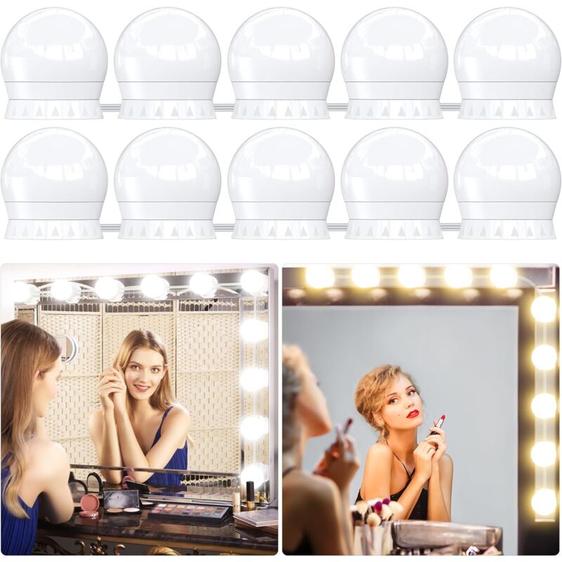 Lumière de Miroir, 10 Ampoules Hollywood Kit de Lumière led, Câbles parfaitement Cachés, 3 Couleurs et 10 Intensités, Lumière Miroir usb pour