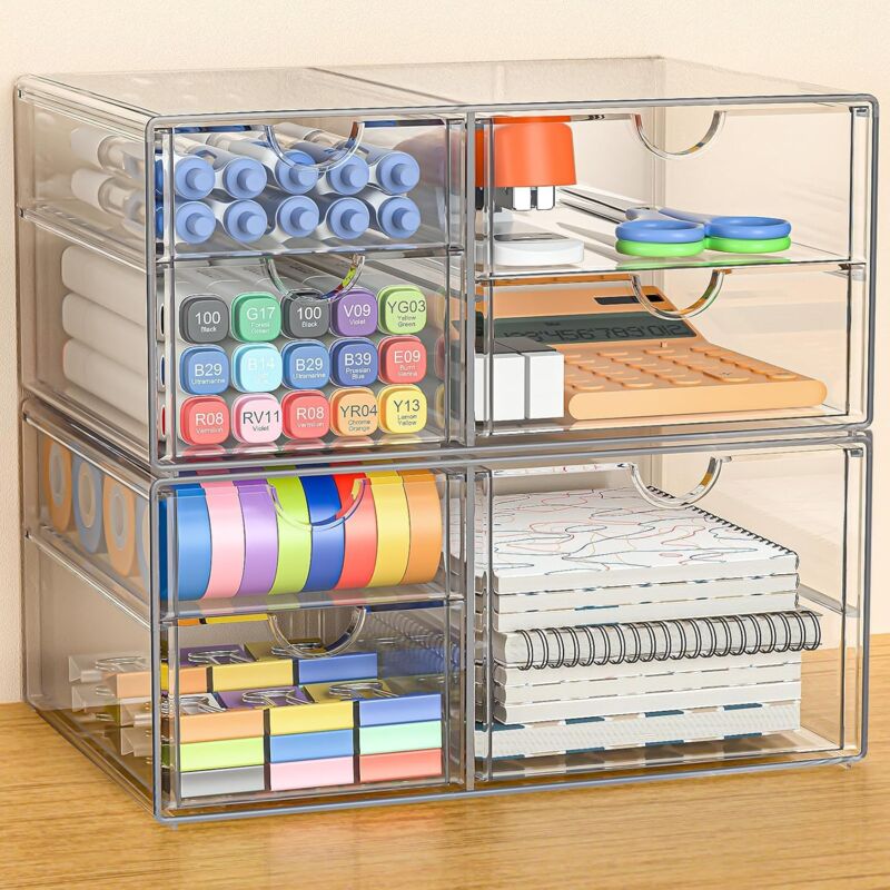 Organiseur de bureau en acrylique avec 7 tiroirs : 2 tiroirs, organiseur de coiffeuse transparent,organiseur de maquillage,organiseur de bureau pour