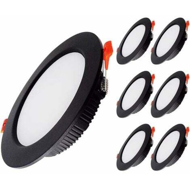 Pack de 6 focos led empotrables negros extraplanos IP44 para baño, 5 w, 500 lm (equivalente a 50 w incandescentes), blanco frío 6000 k, ca 220-240 v,