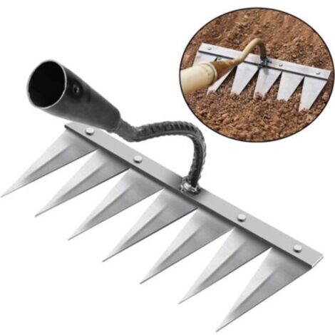 LaBlanc - Rateau Jardin, Rateau de Désherbage Outils Jardinage, Rateau Gazon Scarificateur Manuel 7 Dents en Acier, pour Désherbage/Ameublissement du Sol/Semis (sans Bâton)