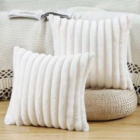 LaBlanc – Set mit 2 Plüsch-Kissenbezügen aus Kunstfell, weich, flauschig, gestreift, dekorativer Kissenbezug für Sofa, Schlafzimmer, Kissen, cremeweiß, 45 x 45 cm