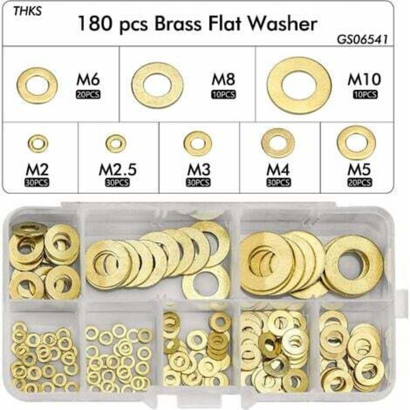 LaBlanc - Surtido de 180 arandelas planas de latón, arandelas planas M2, M2.5, M3, M4, M5, M6, M8 y M10 para juntas de sellado de tornillos. Incluye