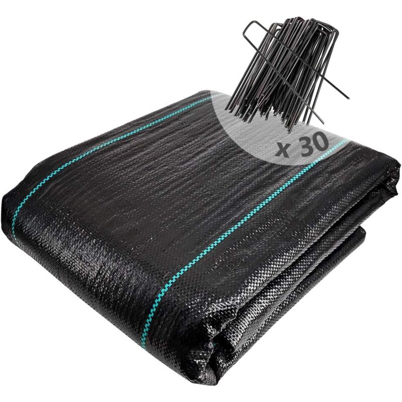 Toile de Paillage avec 30pcs de Piquets Contre Les Mauvais Herbes 10Mx2M en Fibres de Polypropylène Tissées Anti-UV 100g/m2 Résistant Aux Déchirures