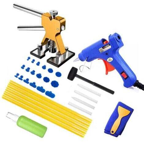 Lackfreies Ausbeulwerkzeug Set (Golden) Karosserie 34 PCS mit Klebepistole, Goldener Dellenlifter, für Auto, Kühlschrank, Motorradkörper, Tür