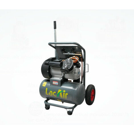 Lacme – Compresseur vertical monobloc 3,5CV monophasé 20m³/h 24L – Débit 335L/min – Pression 11 bar – Moteur 2,7kW – Châssis tubulaire avec roues