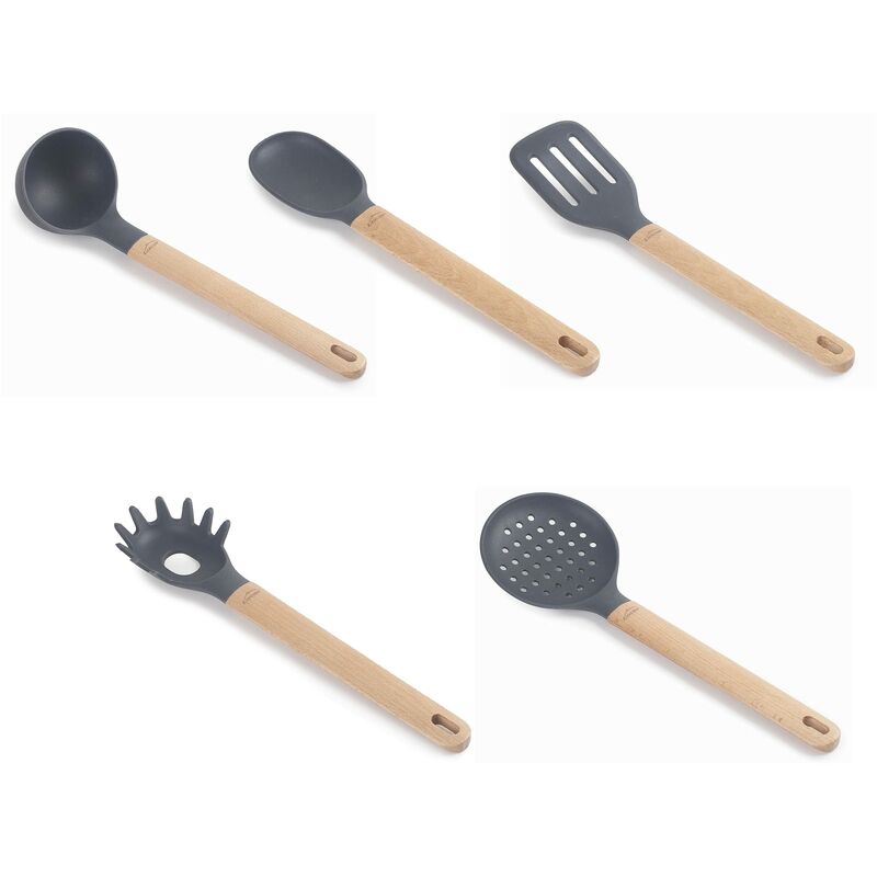 Image of 68190 - Set di 5 utensili da cucina unite realizzati in silicone e legno di faggio, grigio e legno, senza bpa (69190) - Lacor